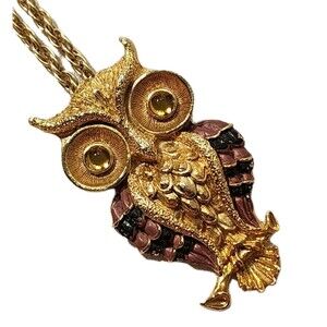 Vintage HMS Owl Pendant Necklace 24" Rope Chain